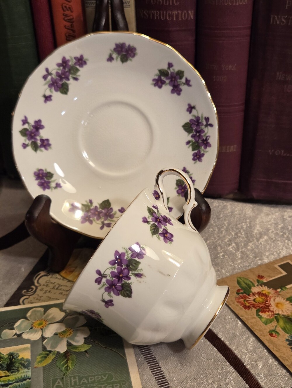 Queen Anne Purple Violets Teacup Saucer Set